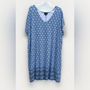 J Jill Wearever Dress Blue Floral Shift Sz 2X Cap Sleeve Summer Spring Stretch